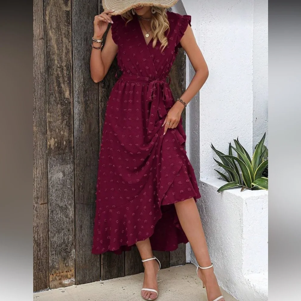 Elegant Burgundy High-Low Midi Dress with Tie Waist